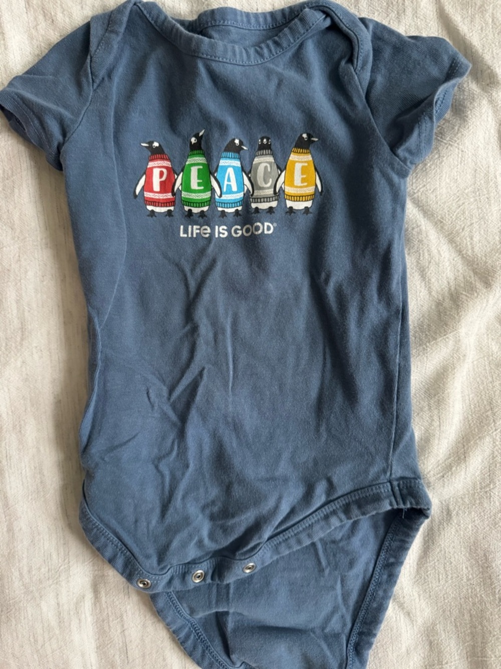 Life Is Good Blue 'Peace' Penguins One-Piece Bodysuit